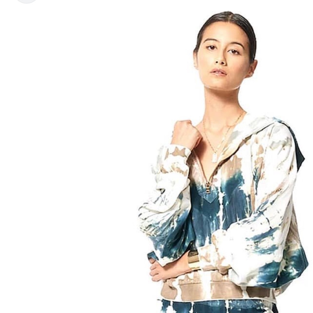 YFB cropped Tie-Dye Hooded Jacket - dark green & Beige tones sz M 1/4 zipper